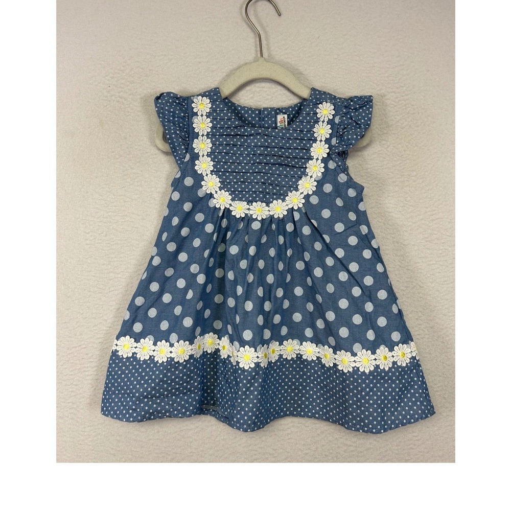 Cottagecore Kids Headquarters Toddler 3T Blue Polka Dot Daisy Floral Trim Dress